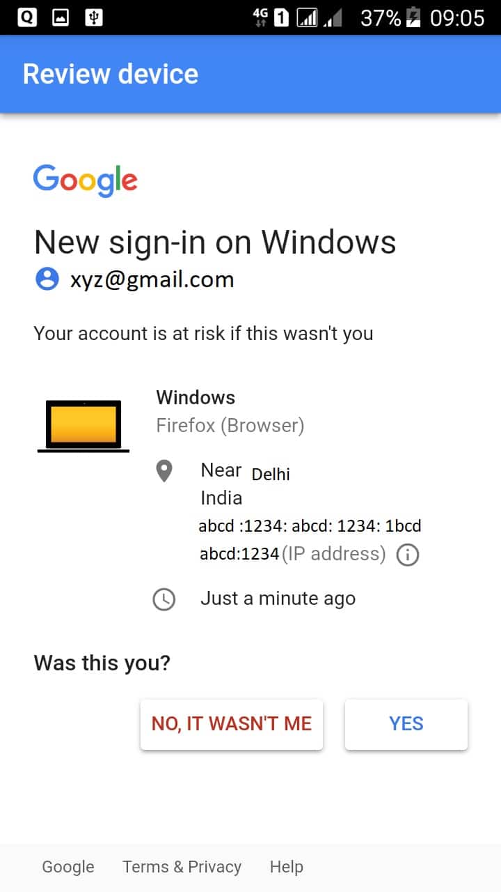 Google alert for new account sign-in