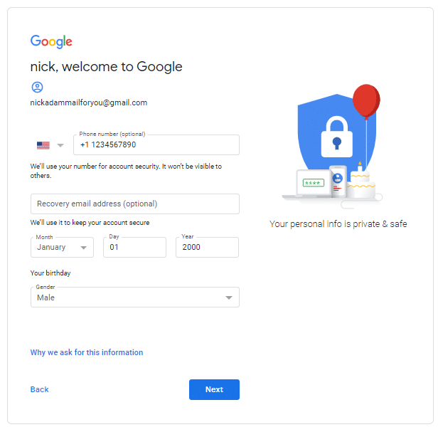 google account additional information form