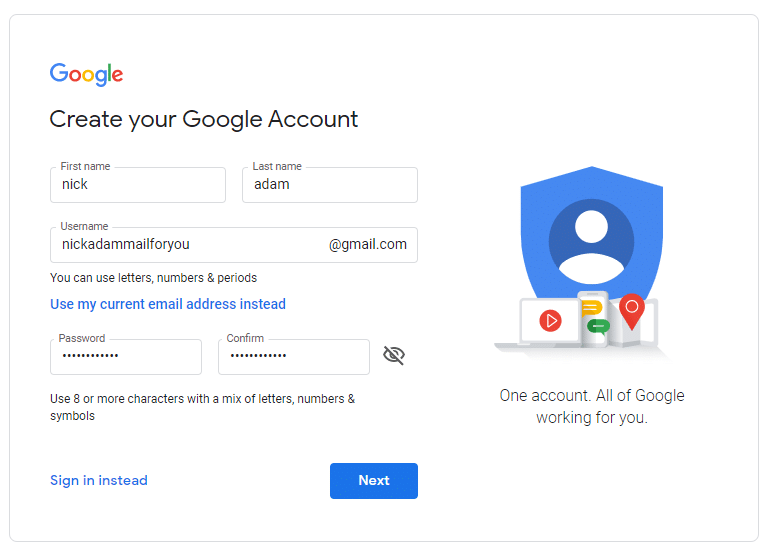 google account create form