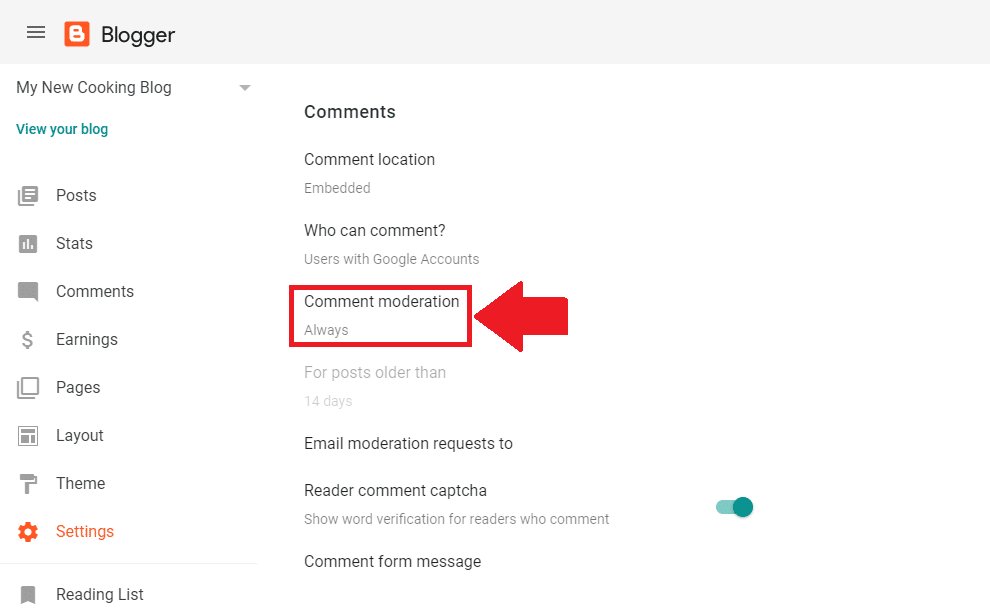 comment-settings on blogger